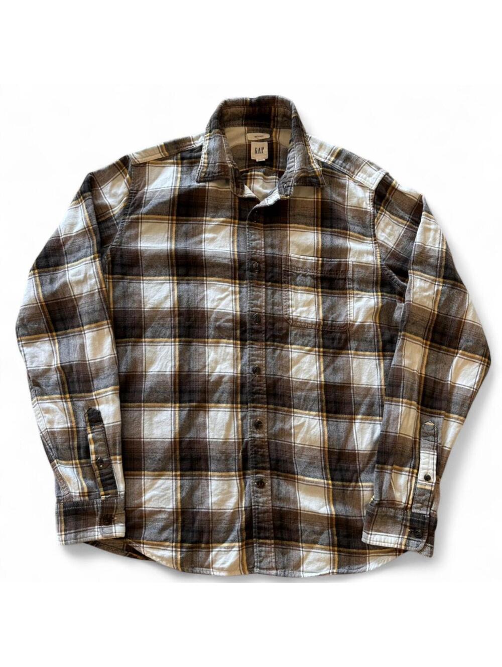 Gap Untucked Flannel Shirt Men’s Medium Brown Cream Yellow Plaid
